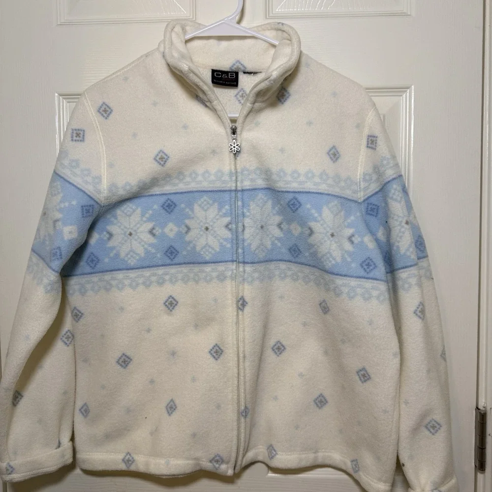 Womens C&B White Fleece Winter Cardigan Jacket Zipper Sz‎ L Snowflake Snow